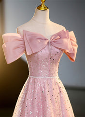 Bridesmaid Dress Shop, Pink Off Shoulder Shiny Tulle A-line Long Party Dress, Pink Tulle Formal Dress