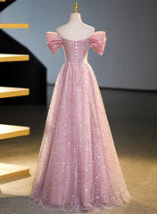 Bridesmaid Dresses Shop, Pink Off Shoulder Shiny Tulle A-line Long Party Dress, Pink Tulle Formal Dress