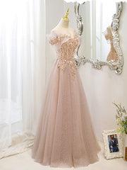 Homecoming Dresses Modest, Pink Off Shoulder Shiny Tulle with Beaded and Lace Prom Dress, Pink Formal Dresses