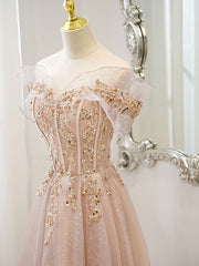 Homecoming Dress Modest, Pink Off Shoulder Shiny Tulle with Beaded and Lace Prom Dress, Pink Formal Dresses