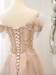 Homecoming Dresses Chiffon, Pink Off Shoulder Shiny Tulle with Beaded and Lace Prom Dress, Pink Formal Dresses