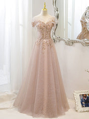 Homecoming Dresses Baby Blue, Pink Off Shoulder Shiny Tulle with Beaded and Lace Prom Dress, Pink Formal Dresses