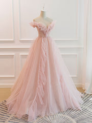 Party Dress Summer, Pink Off Shoulder Tulle Long Prom Dress, Pink A line Tulle Graduation Dress