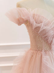 Party Dress Code, Pink Off Shoulder Tulle Long Prom Dress, Pink A line Tulle Graduation Dress