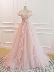 Party Dresses For Weddings, Pink Off Shoulder Tulle Long Prom Dress, Pink A line Tulle Graduation Dress