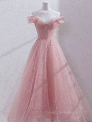 Formal Dresses Long Sleeve, Pink off shoulder tulle sequin long prom dress, pink formal dress