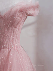 Formal Dresses Black, Pink off shoulder tulle sequin long prom dress, pink formal dress