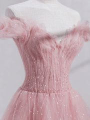 Little Black Dress, Pink Off Shoulder Tulle Tea Length Prom Dress, Tulle Formal Dress