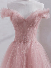 Gown Dress Elegant, Pink Off Shoulder Tulle Tea Length Prom Dress, Tulle Formal Dress