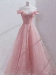 Graduation Outfit, Pink Off Shoulder Tulle Tea Length Prom Dress, Tulle Formal Dress
