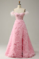 Mermaid Wedding Dress, Pink Off-the-Shoulder Feathers Beaded A-line Ruffles Long Prom Dress with Slit