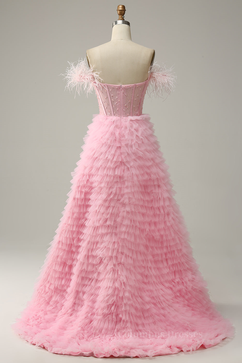 Wedding Inspo, Pink Off-the-Shoulder Feathers Beaded A-line Ruffles Long Prom Dress with Slit