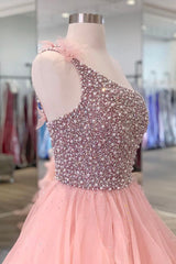 Bridesmaid Dress Yellow, Pink One Shoulder Beaded Prom Dress, Pink Tulle Layers Evening Gown