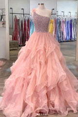 Bridesmaid Dresses Color, Pink one shoulder beads long prom dress pink evening dress
