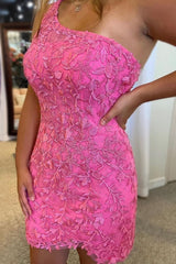Pink One Shoulder Lace Tight Short Homecoming Dress with Beading