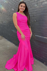 Pink One Shoulder Mermaid Long Prom Dress