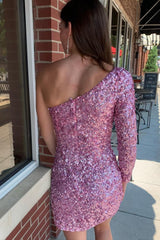 Pink One Shoulder One Sleeve Sequins Tight Short Homecoming Dress