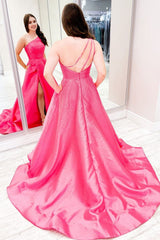 Pink One Shoulder Satin A-Line Prom Dress with Pockets