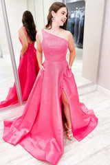 Pink One Shoulder Satin A-Line Prom Dress with Pockets