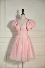 Flower Girl, Pink Plunging V Neck Dot Lace-Up A-line Homecoming Dress
