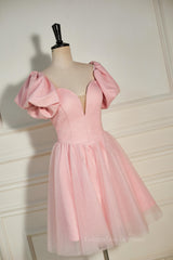 Bride Dress, Pink Plunging V Neck Dot Lace-Up A-line Homecoming Dress