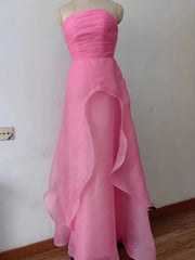 Roze prom jurk tule avondjurk strapless ruches a-line eenvoudige prom-jurken voor tieners