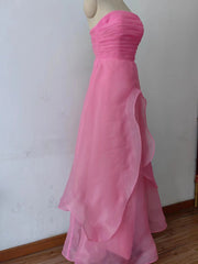 Pink Prom Dress Tulle Evening Gown Strapless Ruffles A-line Simple Prom Dresses For Teens