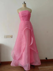 Pink Prom Dress Tulle Evening Gown Strapless Ruffles A-line Simple Prom Dresses For Teens