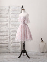 Prom Dresses2024, Pink Round Neck Lace Tulle Short Prom Dress, Pink Homecoming Dress