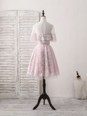 Prom Dresses Princesses, Pink Round Neck Lace Tulle Short Prom Dress, Pink Homecoming Dress