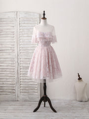 Prom Dresses Open Back, Pink Round Neck Lace Tulle Short Prom Dress, Pink Homecoming Dress