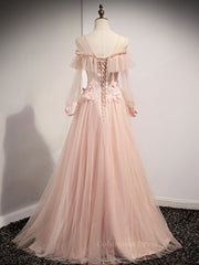 Prom Dresses Ball Gown, Pink round neck tulle lace long prom dress, pink lace bridesmaid dress