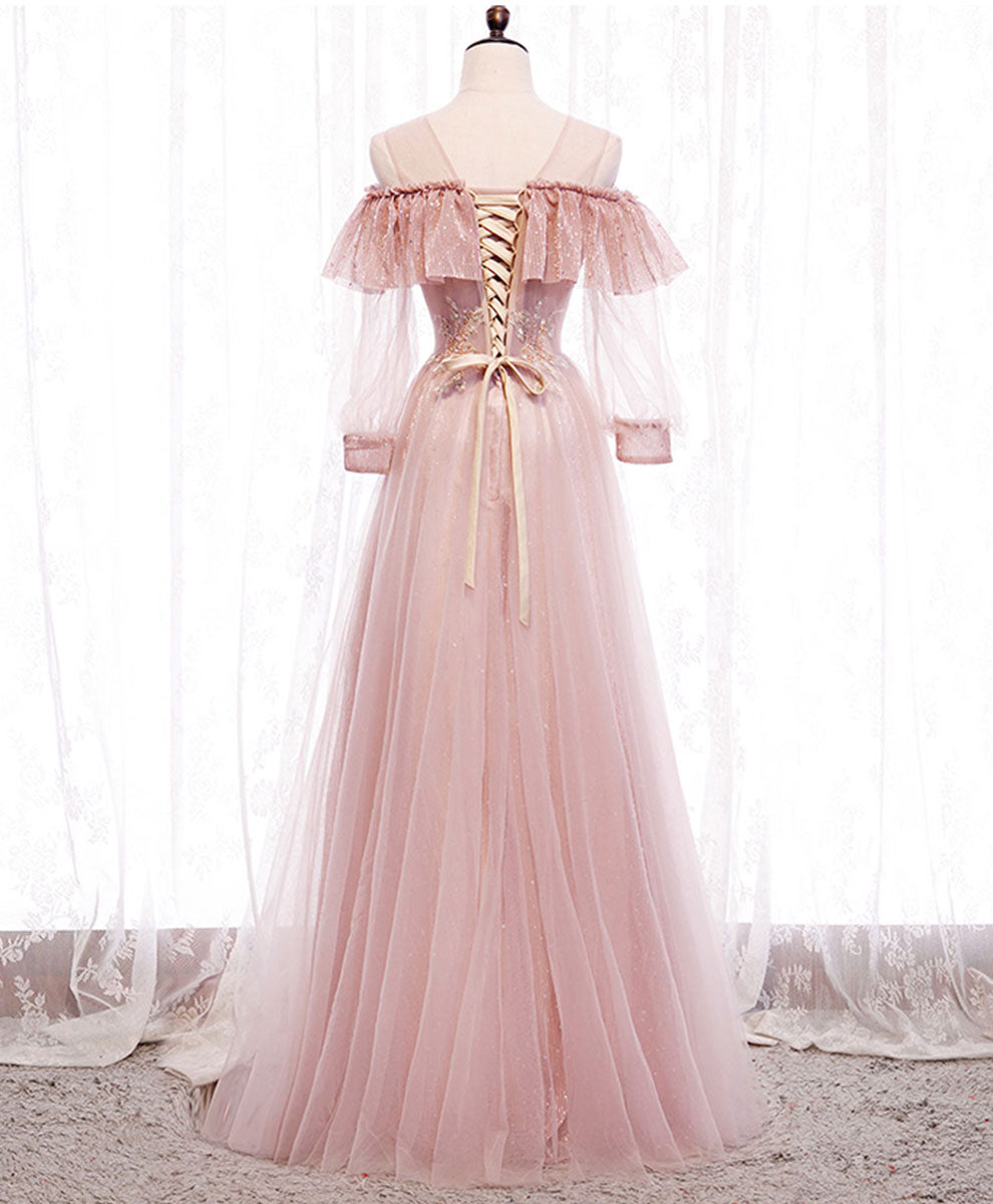 Evening Dress Styles, Pink Round Neck Tulle Lace Long Prom Dress Pink Lace Evening Dress