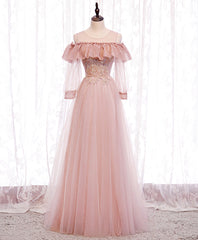 Evening Dress Style, Pink Round Neck Tulle Lace Long Prom Dress Pink Lace Evening Dress