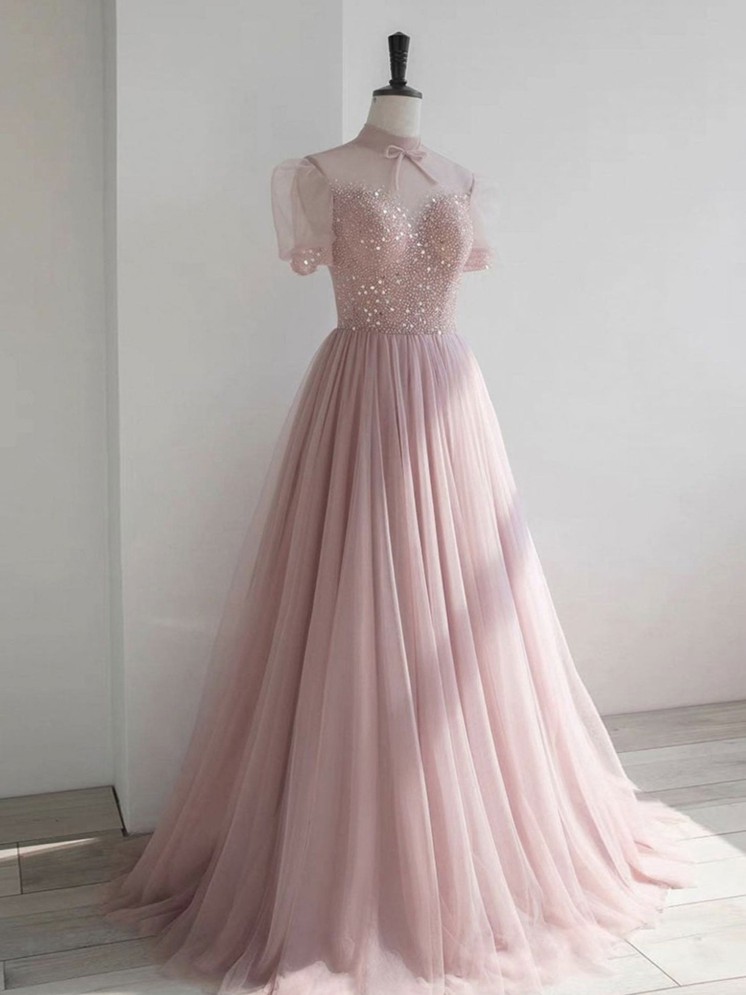 Homecoming Dress Inspo, Pink round neck tulle sequin long prom dress, pink tulle formal dress