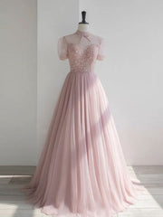 Homecoming Dress Cute, Pink round neck tulle sequin long prom dress, pink tulle formal dress