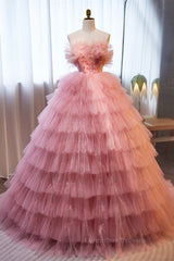 Party Dress Dress Code, Pink Ruffled Strapless A-line Multi-Layers Long Prom Dress
