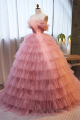 Party Dress Long, Pink Ruffled Strapless A-line Multi-Layers Long Prom Dress