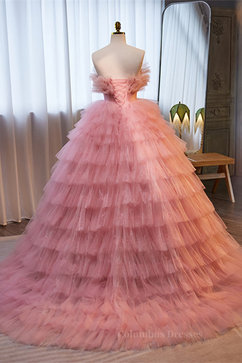 Party Dresses Long, Pink Ruffled Strapless A-line Multi-Layers Long Prom Dress
