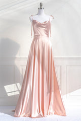 Bridesmaid Dresses Website, Pink Satin Bow Tie Straps A-line Cowl Neck Long Prom Dress