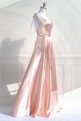 Bridesmaids Dresses Websites, Pink Satin Bow Tie Straps A-line Cowl Neck Long Prom Dress