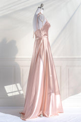 Bridesmaid Dress Websites, Pink Satin Bow Tie Straps A-line Cowl Neck Long Prom Dress