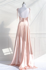 Bridesmaid Dresses Websites, Pink Satin Bow Tie Straps A-line Cowl Neck Long Prom Dress