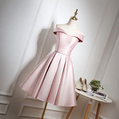 Formal Dresses Black, Pink Satin Knee Length Homecoming Dress, Off the Shoulder Homecoming Dress