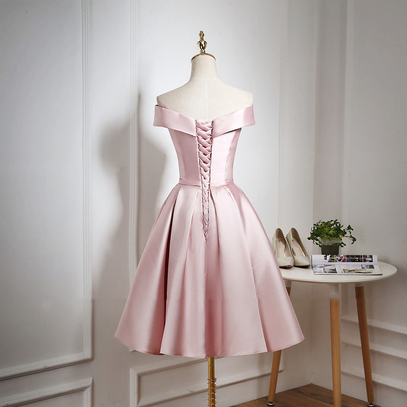 Formal Dress Black, Pink Satin Knee Length Homecoming Dress, Off the Shoulder Homecoming Dress
