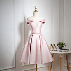 Formal Dresses On Sale, Pink Satin Knee Length Homecoming Dress, Off the Shoulder Homecoming Dress
