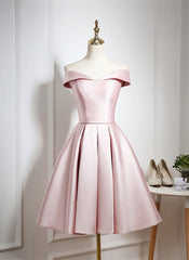Formal Dresses Long Sleeve, Pink Satin Knee Length Homecoming Dress, Off the Shoulder Homecoming Dress