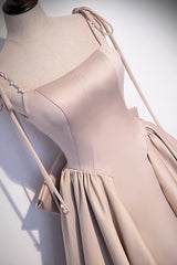 Homecoming Dresses Vintage, Pink Satin Long A-Line Prom Dress, Cute Spaghetti Strap Evening Dress with Bow