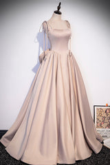 Homecoming Dress Vintage, Pink Satin Long A-Line Prom Dress, Cute Spaghetti Strap Evening Dress with Bow