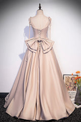 Homecomeing Dresses Vintage, Pink Satin Long A-Line Prom Dress, Cute Spaghetti Strap Evening Dress with Bow